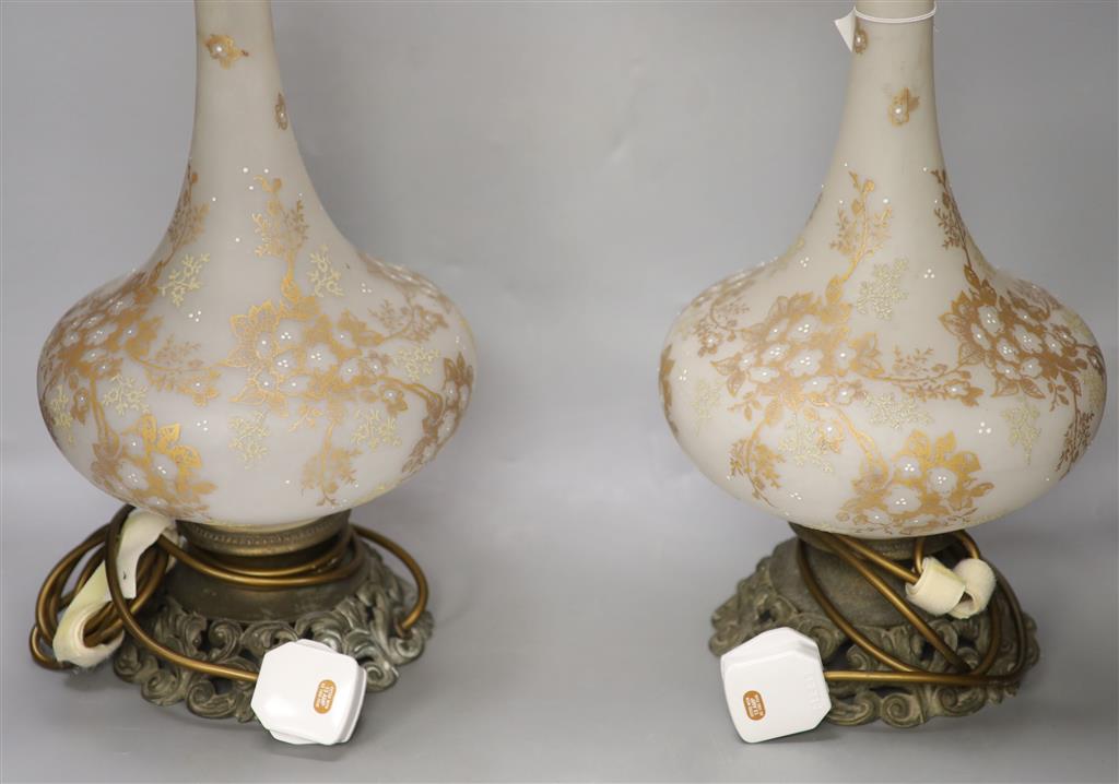 A pair of 19th century French gilt floral decorated frosted glass vases, fitted as table lamps, height 48cm